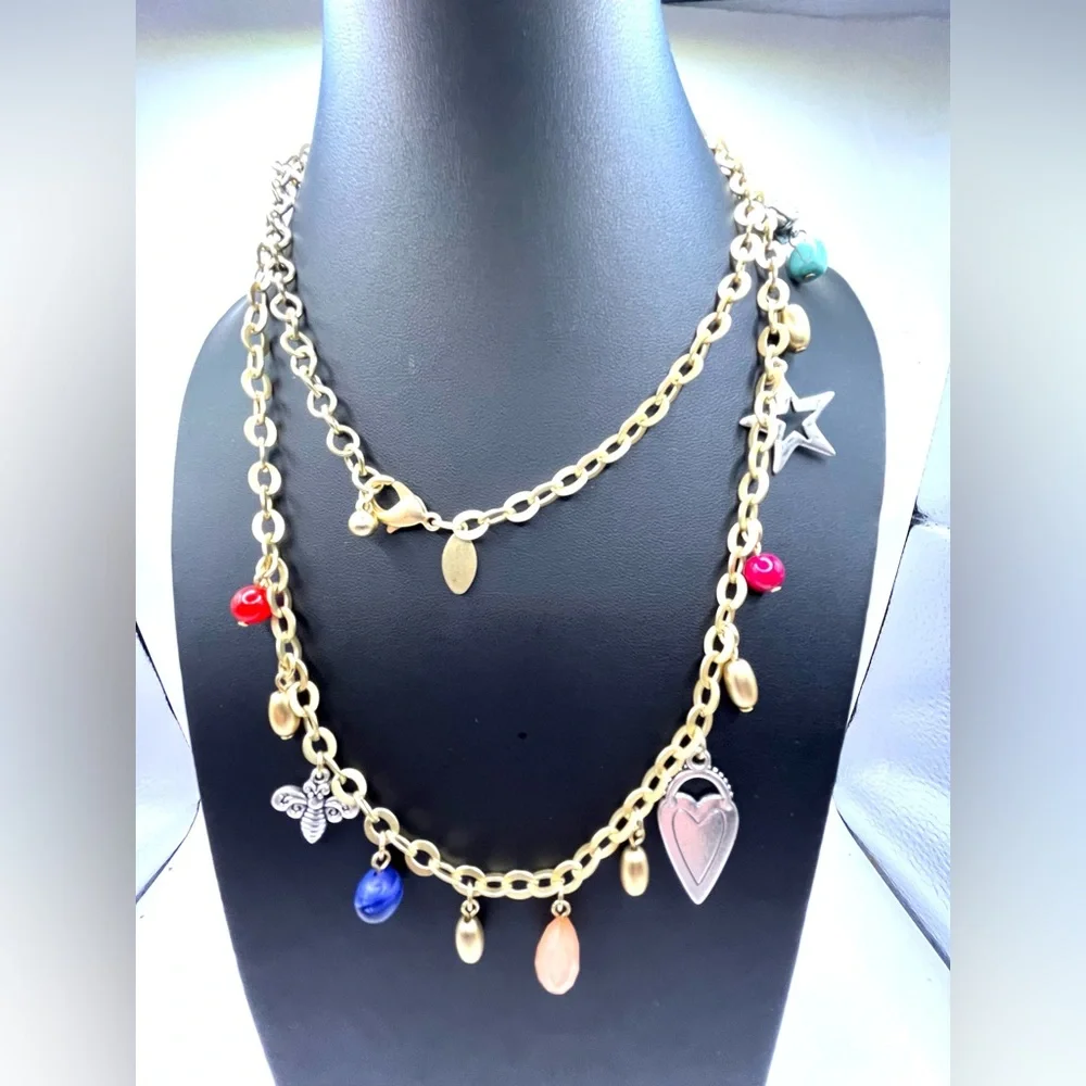 Charm Necklace Bee Heart Star Butterfly Gold Tone with Colorful Beads  Long
